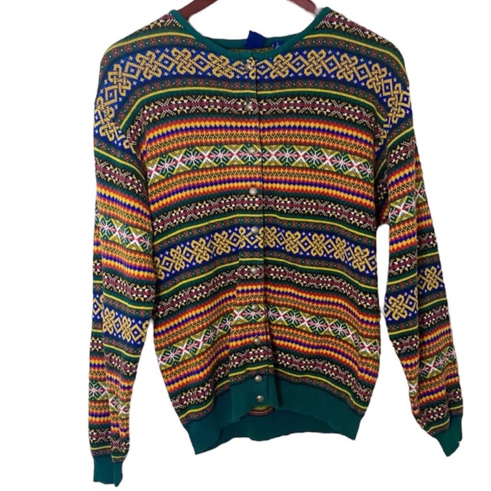 Vintage 90’s Gap Grandpa Button Down Crewneck Cardigan in Forest Green Fairisle